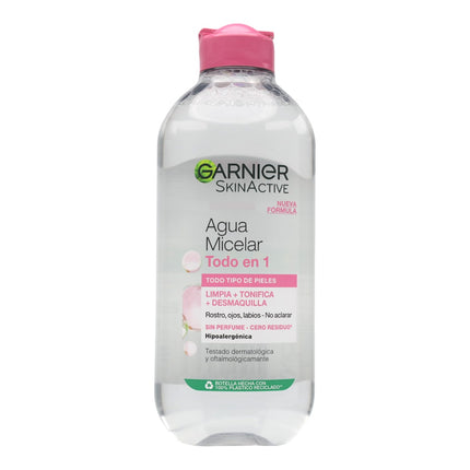 GARNIER Skin Active agua micelar desmaquilla limpia y tonifica rostro labios y ojos sin perfume frasco 400 ml para todo tipo de piel