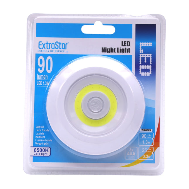 Luz Nocturna LED 90 Lúmenes, 1.3W con Interruptor, 2 Modos, Funciona con 3 Pilas, Diámetro de 88mm