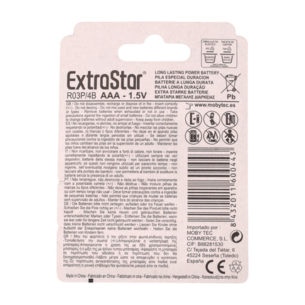 EXTRASTAR Pilas AAA 1.5V - Paquete de 4 Unidades, Sin Mercurio (0%) (Pila R3)