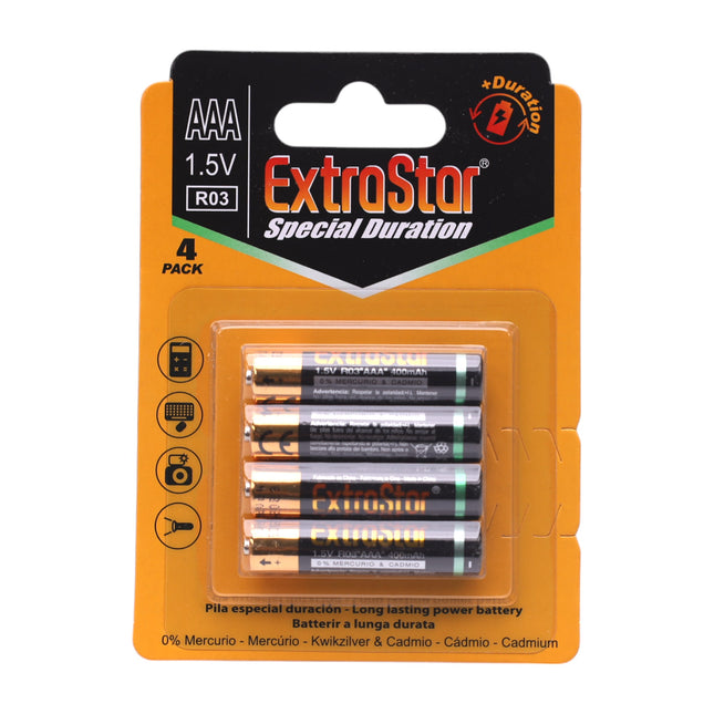 EXTRASTAR Pilas AAA 1.5V - Paquete de 4 Unidades, Sin Mercurio (0%) (Pila R3)