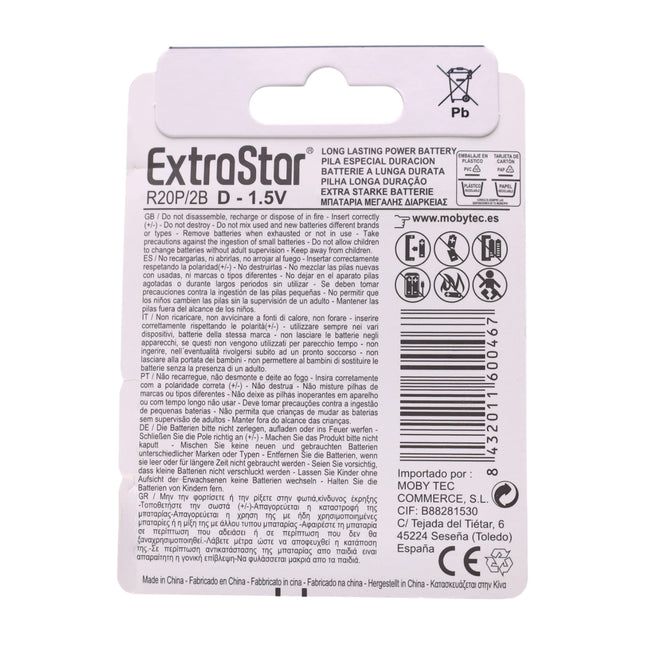 Pilas R20 D 1.5V (EXTRASTAR) - Blister de 2 Unidades