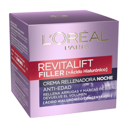 L'ORÉAL PARIS Revitalift Filler Crema de Noche Revitalizante, Antiarrugas y Volumen, Anti-edad, Con Ácido Hialurónico, 50 ml