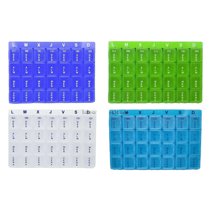 Pill box with 28 plastic compartments, 7-day weekly dispenser, Monday to Sunday, includes Braille reading system 