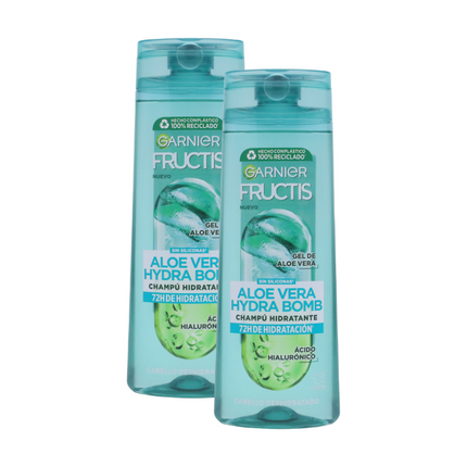 GARNIER Fructis Champu 760 ml (2 x 380 ml) Champú Fortificante Aloe Hidra Bomb con Glicerina Vegetal y Gel de Aloe Vera frasco Indicado para Cabello Deshidratado