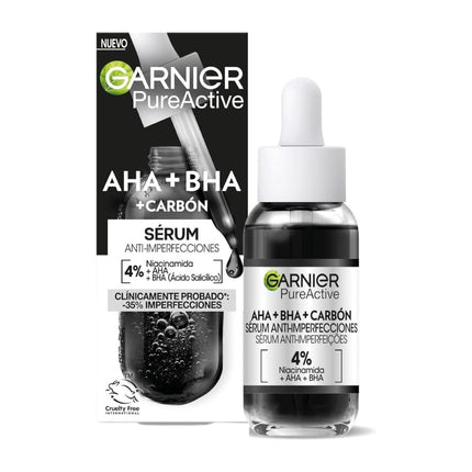 GARNIER Pure Active sérumn facial anti-imperfecciones con AHA + BHA + carbón dosificador con 4% de Niacinamida, AHA y BHA Pure Active 30 ml