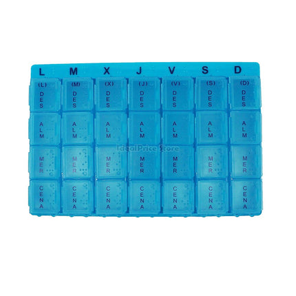 Pill box with 28 plastic compartments, 7-day weekly dispenser, Monday to Sunday, includes Braille reading system 