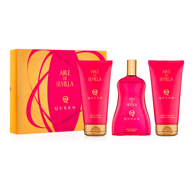 AIRE DE SEVILLA Queen Women's Cosmetic Case with Perfume Gentle Shower Gel and Scented Body Moisturizing Cream Scented Ritual Gift Box (150 ml each) 