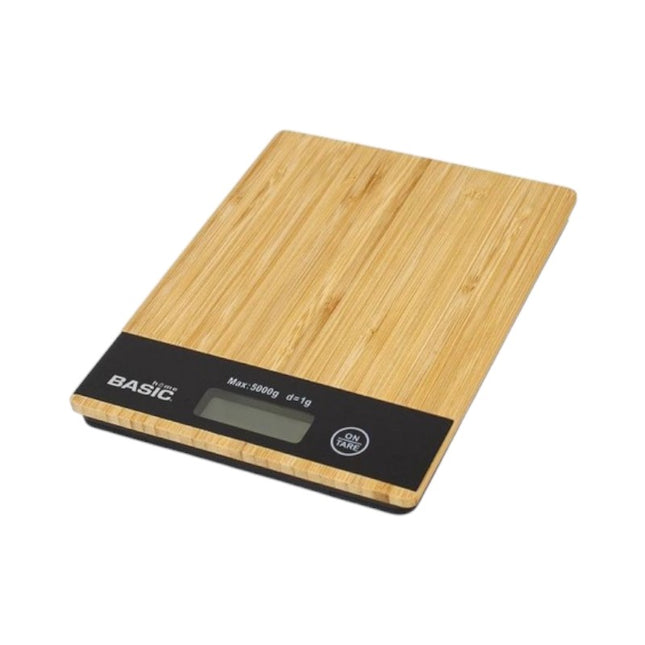 Kitchen Scale Maximum weight capacity of 5 kg LCD display Bamboo casing also suitable for weighing letters tare function 