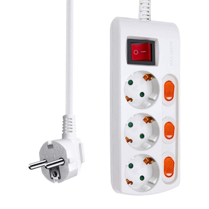 Power Strip With Individual Switches 1 Main Switch, 3680W, 250V, 1.5M, White 