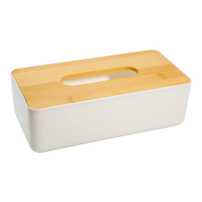 Plastic and Wood Tissue Box Holder, Tissue Holder, Paper Tissue Box, Refillable, White, for Bathroom, Living Room, Office, 26 x 13 x 8.5 cm (tissues not included) 