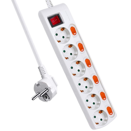 Power Strip With Individual Switches 1 Main Switch, 3680W, 250V, 1.5M, White 