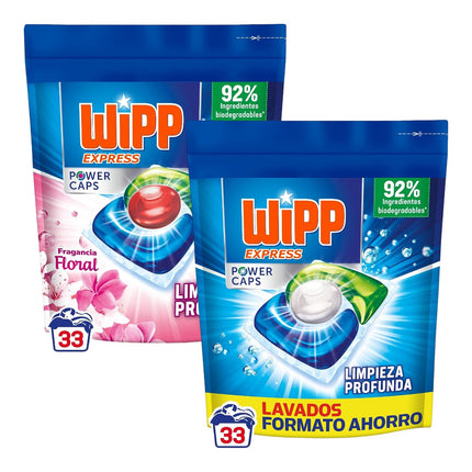 Wipp Express Power Caps Detergente en Cápsulas para Lavadora Limpieza Profunda, Eficaz en Agua Fría 33 + 33 lavados