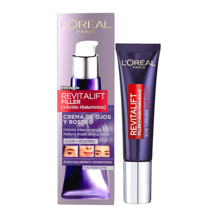 L'OREAL PARIS Crema Antiedad de Ojos y Rostro Revilafit Filler Con Ácido Hialurónico Rellena Arrugas e Hidrata Intensamente Eficacia Multizona Sin Perfume 30 ml