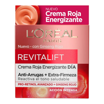 L'ORÈAL PARIS Revitalift Crema Roja Energizante | 50ML Crema de día antiarrugas y extrafirmeza con ginseng rojo