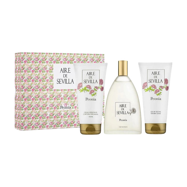 AIRE DE SEVILLA Estuche de cosmética para mujer con Perfume Gel de ducha suave y Crema Hidratante corporal perfumada Cofre de regalo de ritual perfumado olor a Peonía (150 ml cada uno)