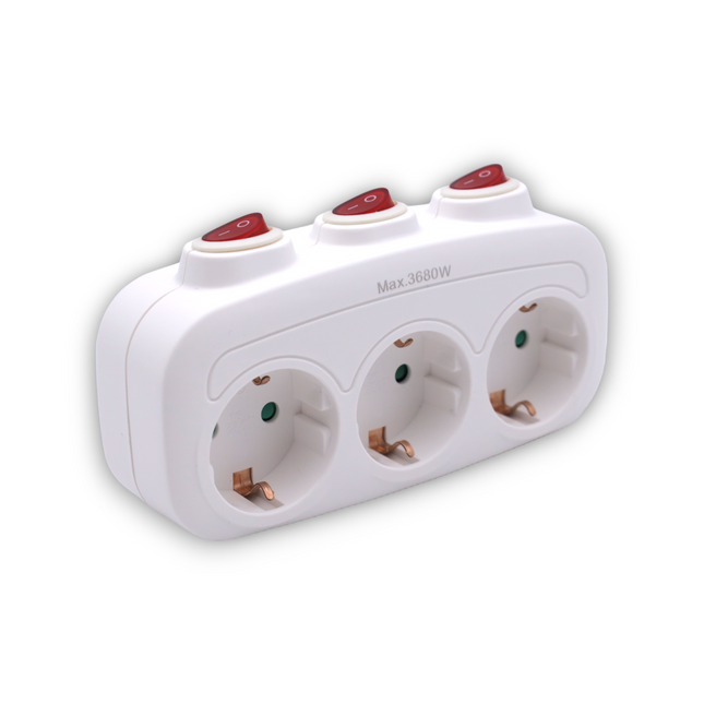 Enchufe Triple schuko de color blanco Con interruptor Individual 3 Enchufes con interruptor Adaptador con Interruptor individual MAX.3680W 16A/250V Adaptador Ladron Triple