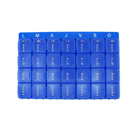 Pill box with 28 plastic compartments, 7-day weekly dispenser, Monday to Sunday, includes Braille reading system 