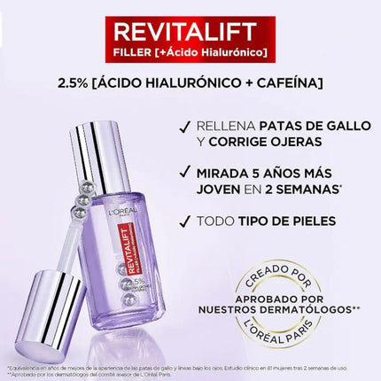 L'ORÈAL PARIS Dermo Expertise Revitalift Filler Sérum de Ojos con Ácido Hialurónico y Cafeína, Rellena Arrugas y Corrige ojeras, Triple Roll-on, 20 ml