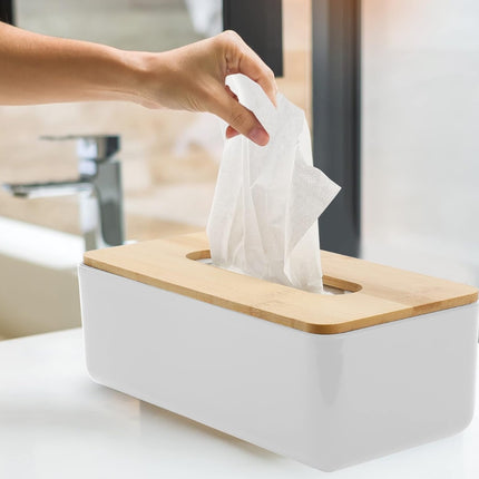 Plastic and Wood Tissue Box Holder, Tissue Holder, Paper Tissue Box, Refillable, White, for Bathroom, Living Room, Office, 26 x 13 x 8.5 cm (tissues not included) 