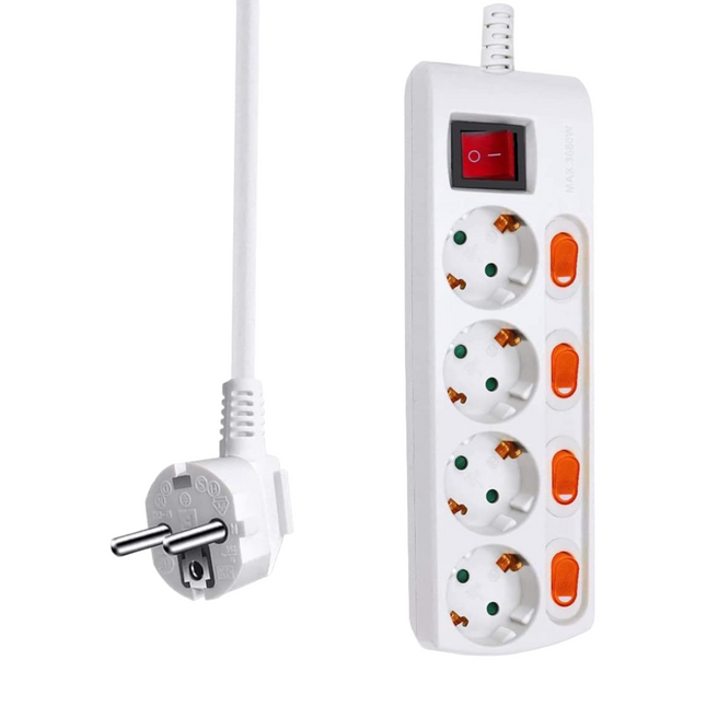 Power Strip With Individual Switches 1 Main Switch, 3680W, 250V, 1.5M, White 