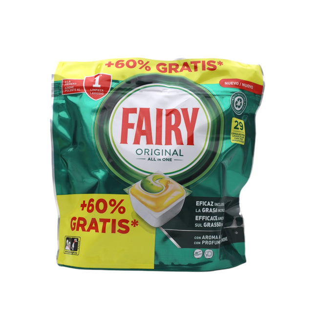 Fairy Original Todo En Uno Pastillas Lavavajillas 29  Capsulas Lavavajillas Elimina Grasa Reseca Detergente Lavavajillas con Aroma Limpio y Fresco