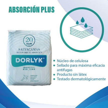 DORLYK Empapador de Cama para Adultos Desechable de 60x90 cm Protector de Colchón, Sillón y Silla de Ruedas Impermeable y Absorbente Salvacamas para Mayores 20 Unidades