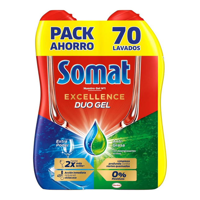 SOMAT Pack de 2 Botes de Detergente Lavavajillas Gel Excellence Duo Gel Anti-grasa Botella 35 Dosis 560 ml (70 lavados en total)