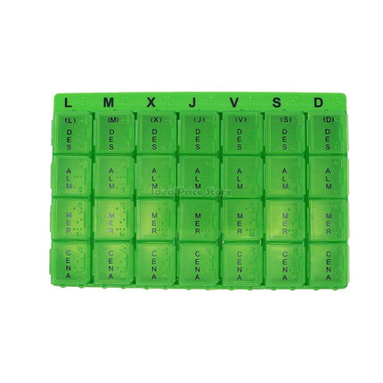 Pill box with 28 plastic compartments, 7-day weekly dispenser, Monday to Sunday, includes Braille reading system 