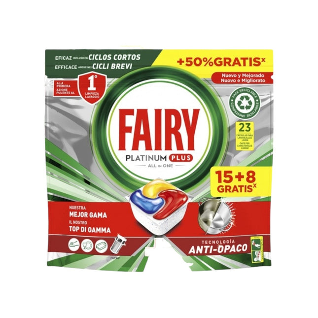 Fairy Platinum Plus Todo en Uno 23 Cápsulas Pastillas de Lavavajillas Limpieza Profunda y Extra Brillo con Fragancia Limon