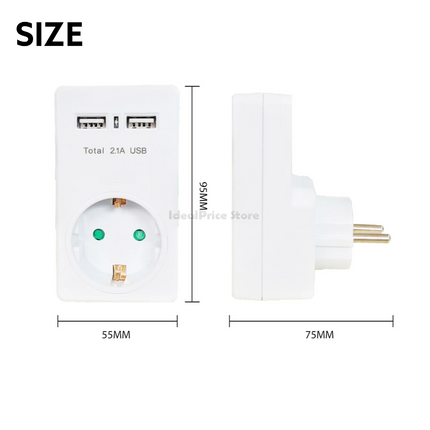 EXTRASTAR Base thief socket European schuko plug 16A + 2 USB charger ports 