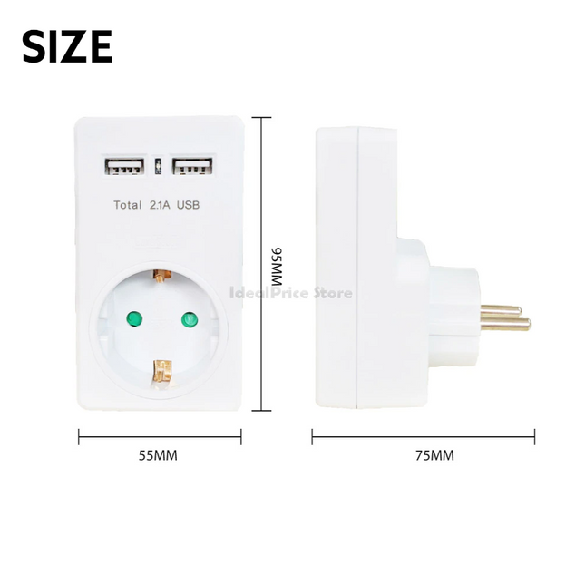 EXTRASTAR Base thief socket European schuko plug 16A + 2 USB charger ports 