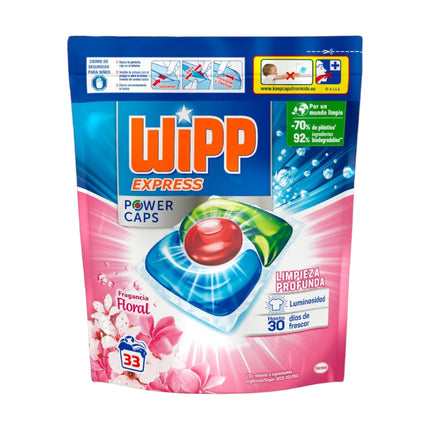 Wipp Express Power Caps Detergent Capsules for Washing Machine Power Caps Machine Liquid Deep Cleaning Floral Fragrance Bag 33 Capsules 