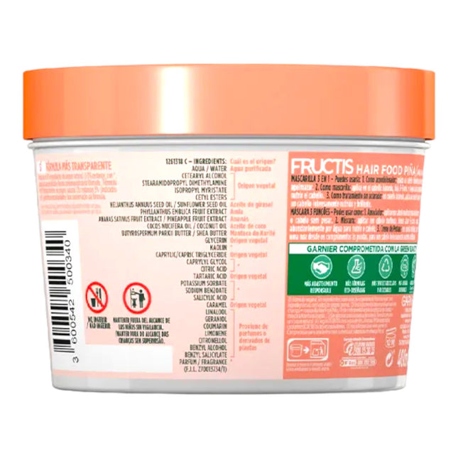 GARNIER Fructis Mascarillas Hair Food Piña mascarilla de pelo intensiva 3 en 1 reparadora con/sin aclarado para cabello largo y frágil 400ml