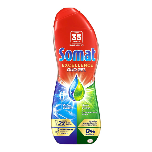 SOMAT Pack de 2 Botes de Detergente Lavavajillas Gel Excellence Duo Gel Anti-grasa Botella 35 Dosis 560 ml (70 lavados en total)