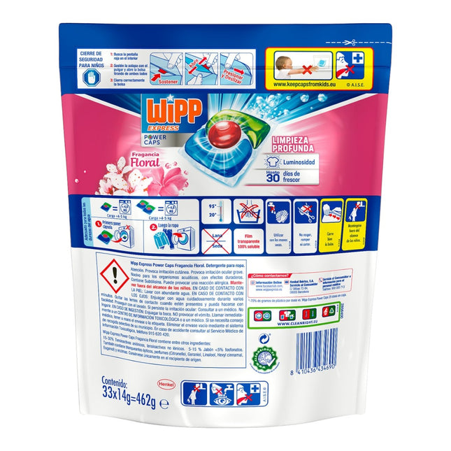 Wipp Express Power Caps Detergent Capsules for Washing Machine Power Caps Machine Liquid Deep Cleaning Floral Fragrance Bag 33 Capsules 