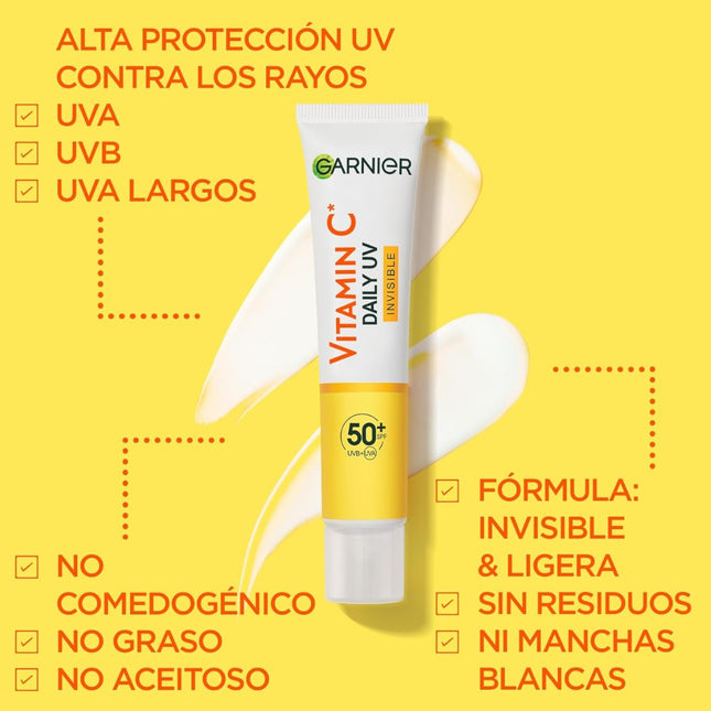 GARNIER Vitamina C Fluido Antimanchas Anti-UV Diario Invisible FPS50+ Protege Previene y Reduce las manchas para todo tipo de pieles 40 ml