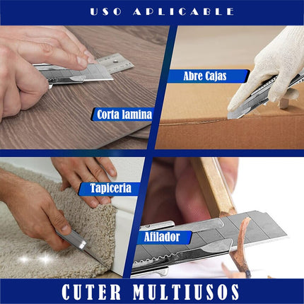 Cúter de Aluminio Fundido con cuchilla de 18 mm + 5 hojas de Recambio Multifunción Cuchilla Multiusos Retráctil de Agarre Ergonómico