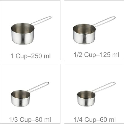 collection Kit of 4 Cups Measuring Ingredients Silver Colored Stainless Steel Bowls, American Cups Scale 