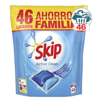 SKIP Active Clean Bolsa de detergente máquina líquido doble acción envase 46 cápsulas