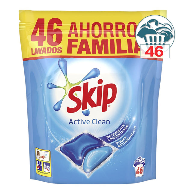 SKIP Active Clean Bolsa de detergente máquina líquido doble acción envase 46 cápsulas