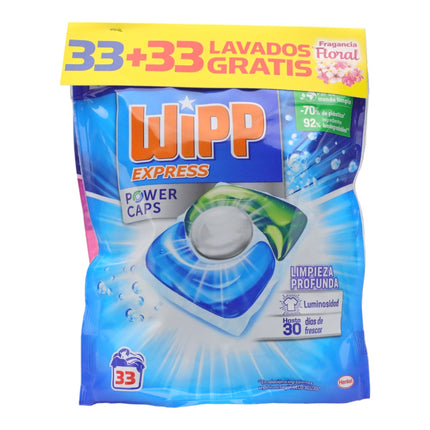 Wipp Express Power Caps Detergente en Cápsulas para Lavadora Limpieza Profunda, Eficaz en Agua Fría 33 + 33 lavados