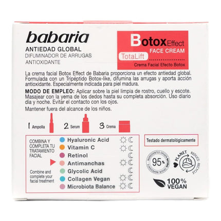 Babaria Crema Facial Botox Effect Total Lift Crema Facial Anti Arrugas Efecto Antioxidante y Antiedad con Tripéptido Botox-Like Vitamina E y Escualano 100% Vegano 50 ml