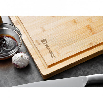 Bergner Bamboo Cutting Board Easy Clean BBQ Chopping Board with Stainless Handle 40X25X1.9CM 