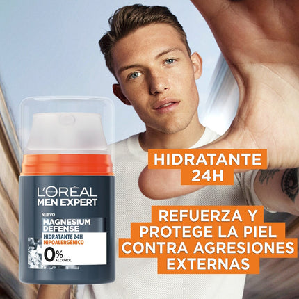 L'OREAL MEN EXPERT 24H Moisturizing Day Cream Hypoallergenic Magnesium Defense 0% alcohol with magnesium mineral + hyaluronic acid 50 ml dispenser 