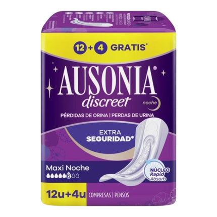 AUSONIA Bolsa de 12+4 Compresas Discreet Maxi Noche Compresas Formato Especial Compresas de Noche Rápida Absorción para Pérdidas de Orina Ofrecen Mayor Confort