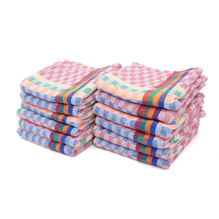 Set of 12 Dishcloths, 80% Cotton Kitchen Towels, 12 Unit Savings Pack in Colors with Blue Green Red Stripes, Dishcloth 