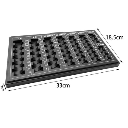 Coin Counting Tray Coin Tray with 8 Compartments Including Euros and Cents Coin Storage Coin Organizer 33 x 18.5 x 2 cm Black 