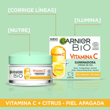 GARNIER Bio crema de día iluminadora Vitamina C para piel apagada tarro Nutre - Corrige líneas - Ilumina 50 ml