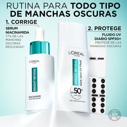 L'OREAL PARIS Bright Reveal fluido facial anti-manchas con niacinamida + LHA SPF-50+ tubo 50 ml