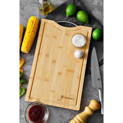 Bergner tabla de cortar de bambú fácil de limpiar Tabla de cortar para barbacoa con mango inoxidable 40X25X1.9CM